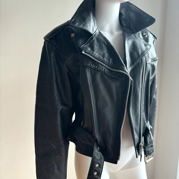 Vintage Black Leather Braided Detail Motorcycle Jacket M/L - Picture 3 of 10